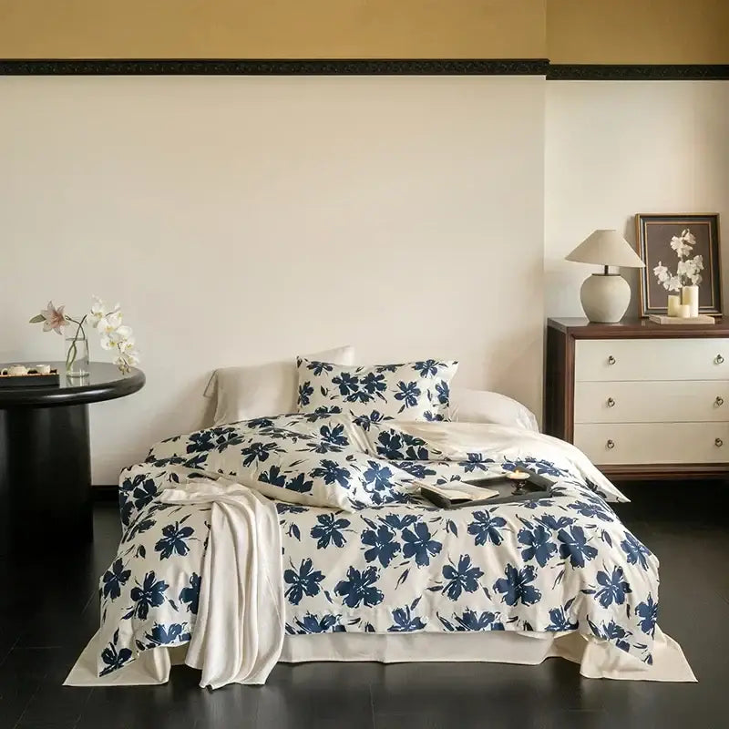 Blue floral 100s egyptian cotton bedding set with soft cotton fabric and elegant botanical design for bedroom decor