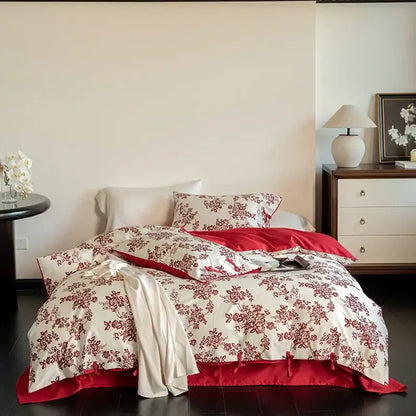 Red and cream floral satin finish bedding set complementing decorbites 100s egyptian cotton bedroom decor