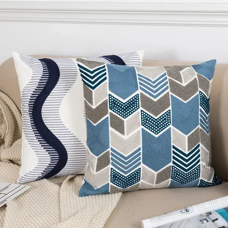 Blue floral geometric cushion cover set featuring blue and gray throw pillow with textured chevron design for decorbites living room decor