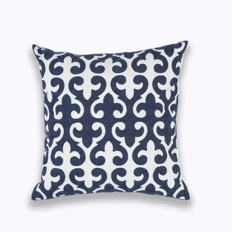 Square navy and white cotton pillow cover with blue floral mandala fleur-de-lis pattern for decorbites decor