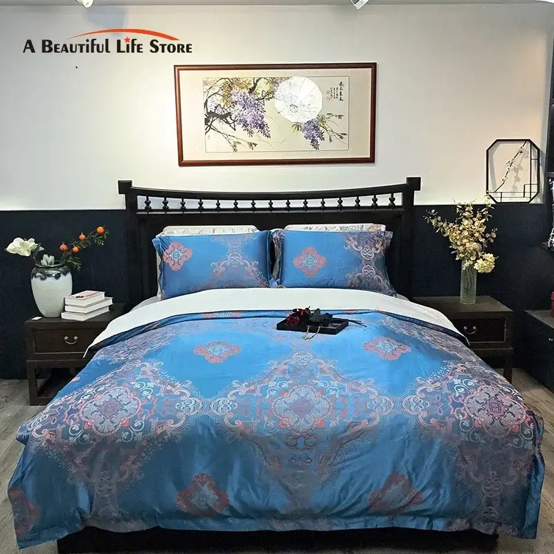 Blue satin jacquard duvet cover set with intricate pink and purple floral patterns for stylish bedroom decorbites blue satin