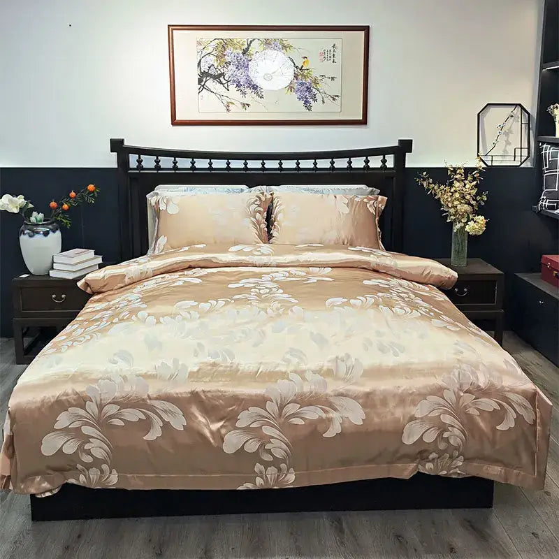 Beige satin duvet cover set with elegant white floral patterns for decorbites blue satin jacquard bedroom bedding