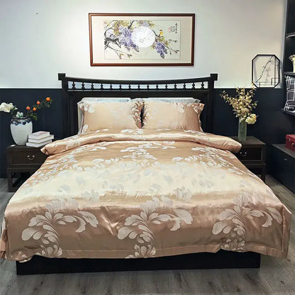 Beige satin duvet cover set with elegant white floral patterns for decorbites blue satin jacquard bedroom bedding
