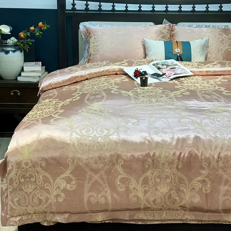 A luxurious rose gold satin duvet cover with intricate golden damask patterns in decorbites blue satin jacquard style