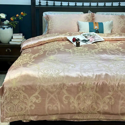 A luxurious rose gold satin duvet cover with intricate golden damask patterns in decorbites blue satin jacquard style