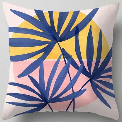 Square throw pillow with bold blue flower leaves pattern and modern tropical decorbites blue flower design on soft background