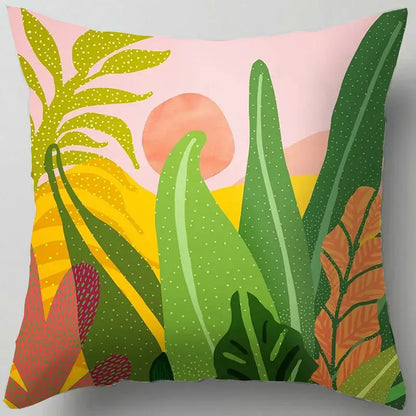 Decorbites blue flower living room throw pillow with vibrant flower leaves pattern in green yellow and orange on soft pink