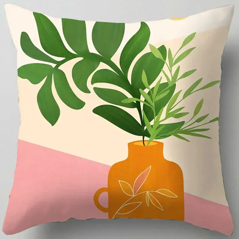 Square throw pillow with blue flower leaves pattern featuring green foliage in orange vase on pink cream background decorbites blue flower