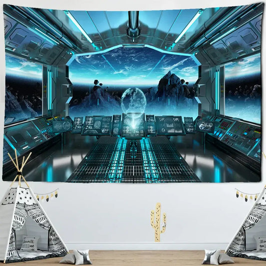 Blue futuristic spaceship cockpit tapestry featuring galaxy alien planet ufo design for decorbites bedroom decor
