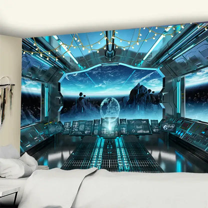 Blue futuristic spaceship cockpit tapestry with glowing neon accents for galaxy alien planet ufo bedroom decorbites decor
