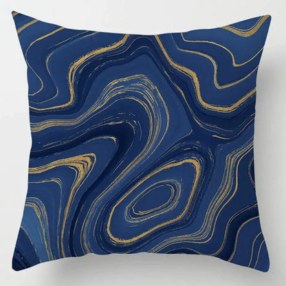Blue geometric marble throw pillow with gold and blue abstract marble pattern perfect for living room decorbites decor