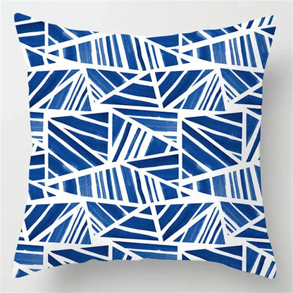 Blue geometric marble throw pillow featuring a blue and white geometric marble stripe pattern for living room decorbites decor