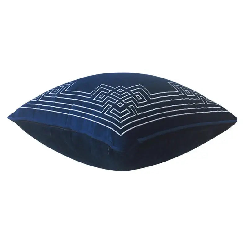 Deep navy velvet geometry embroidery cushion with intricate white design for decorbites blue geometry living room decor