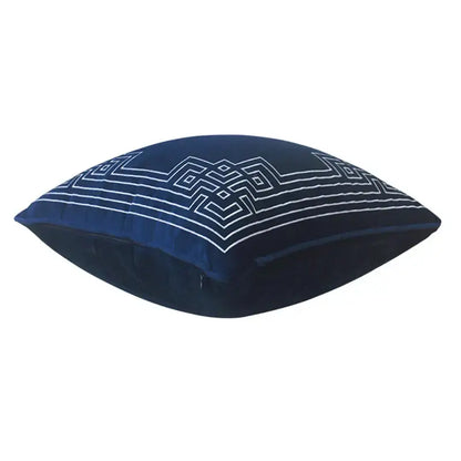 Deep navy velvet geometry embroidery cushion with intricate white design for decorbites blue geometry living room decor