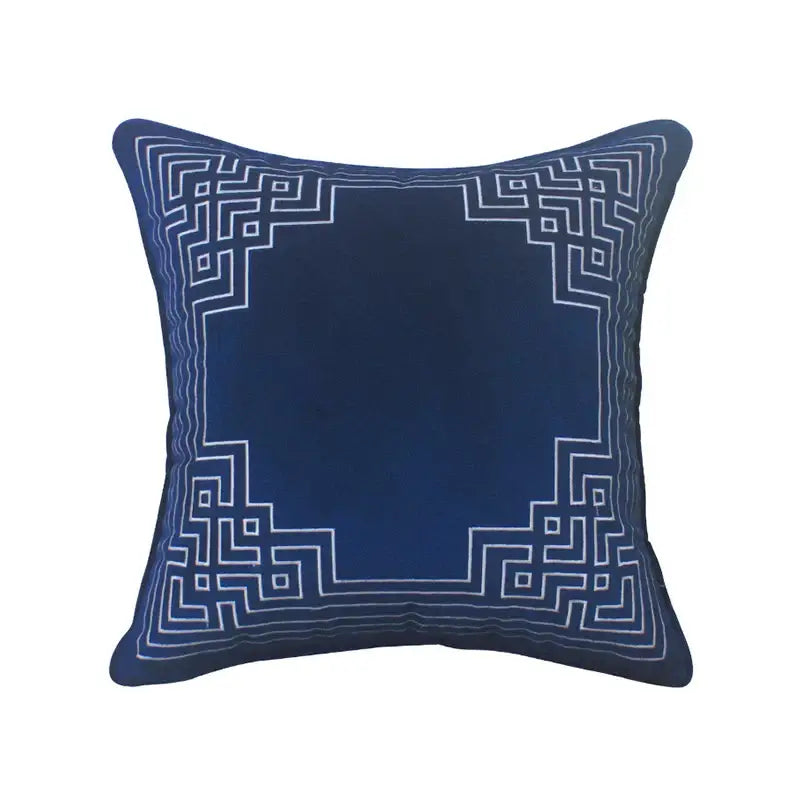 Deep blue geometry embroidery cushion with intricate white design edge in dutch velvet for living room decorbites blue geometry