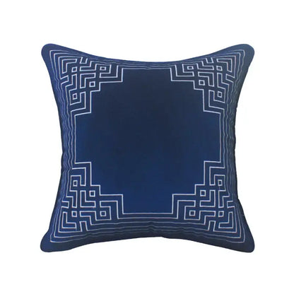 Deep blue geometry embroidery cushion with intricate white design edge in dutch velvet for living room decorbites blue geometry