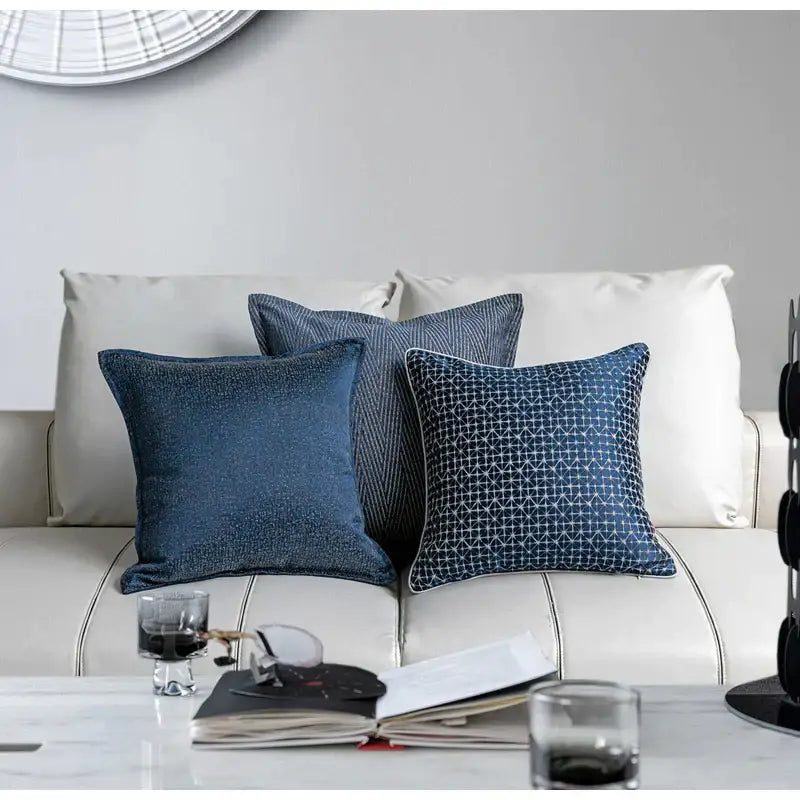 Set of three navy blue geometry jacquard pillow covers with textured shimmering fabric for living room decorbites blue geometry