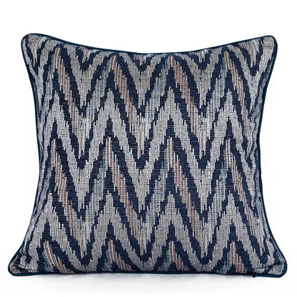 Square pillow cover with bold zigzag pattern in navy blue gray and beige on textured fabric decorbites blue geometry jacquard