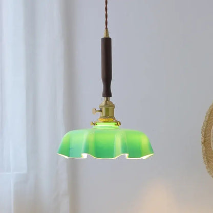 Green gradient glass pendant lamp with brass fixture and dark wooden handle for decorbites blue glass led lighting