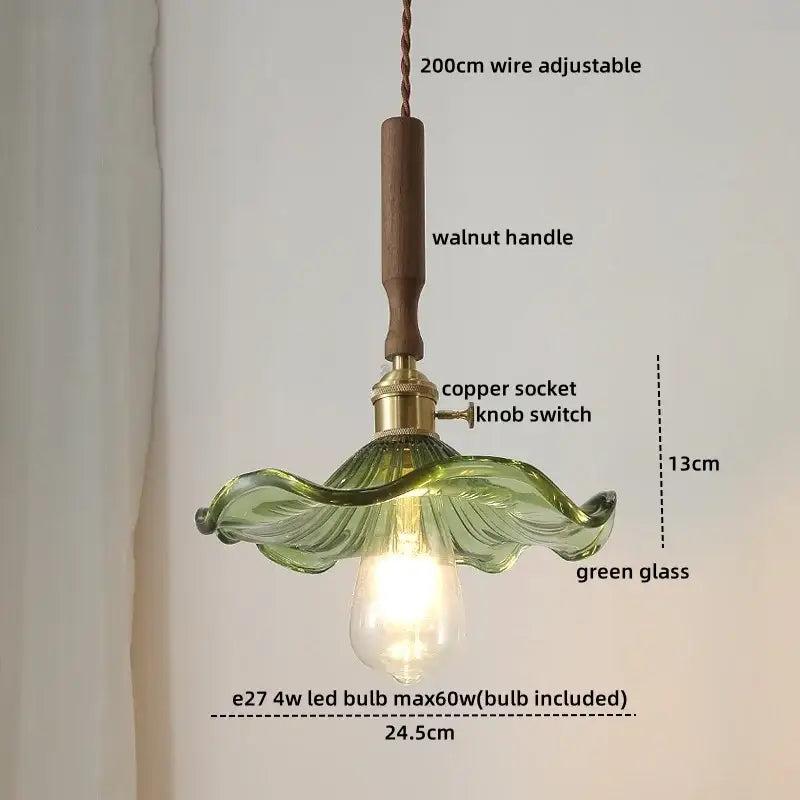 Green glass pendant lamp with walnut handle and copper socket complementing decorbites blue glass led collection