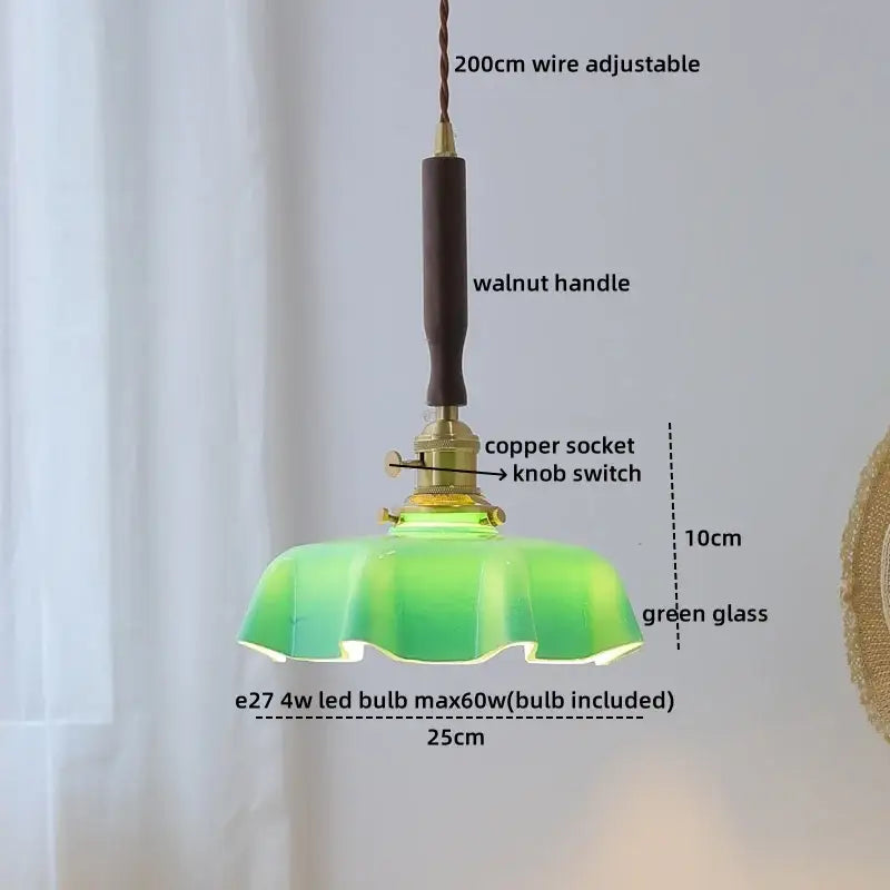 Vintage-style pendant lamp with green glass shade walnut handle and copper socket decorbites blue glass led lighting