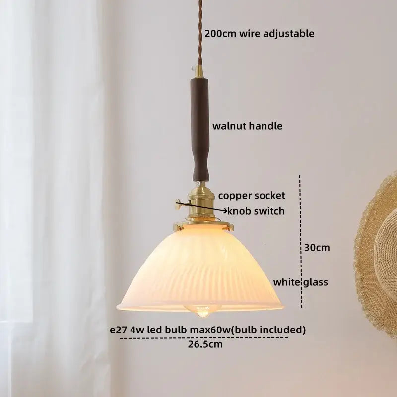 Blue glass led pendant lamp with textured white glass shade brass copper socket and dark walnut handle for dining room decorbites blue glass