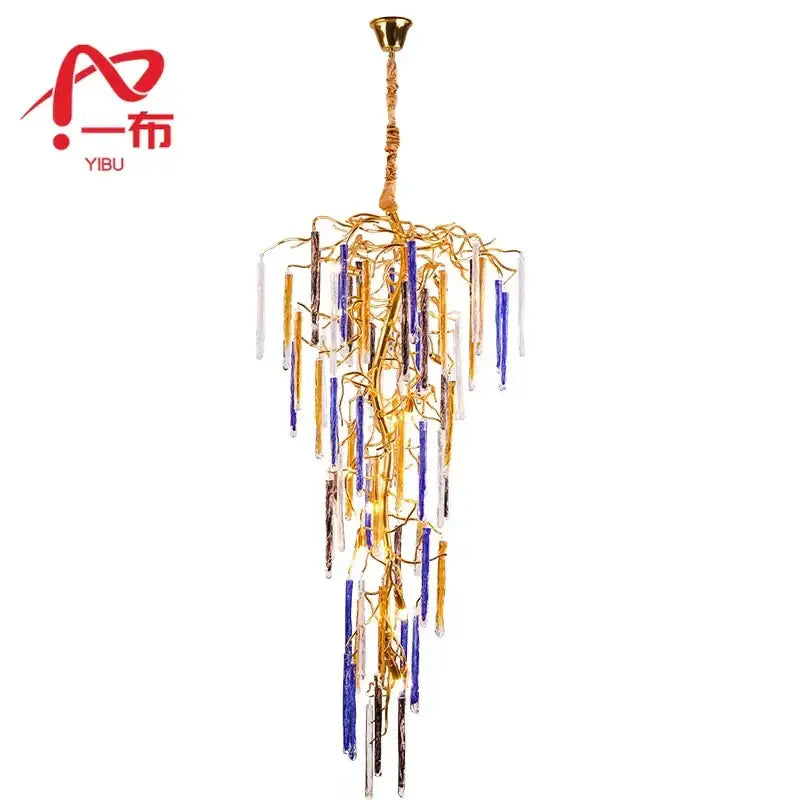 Gold-toned decorbites crystal pendant chandelier with cascading blue and clear glass rods for stairwell lighting