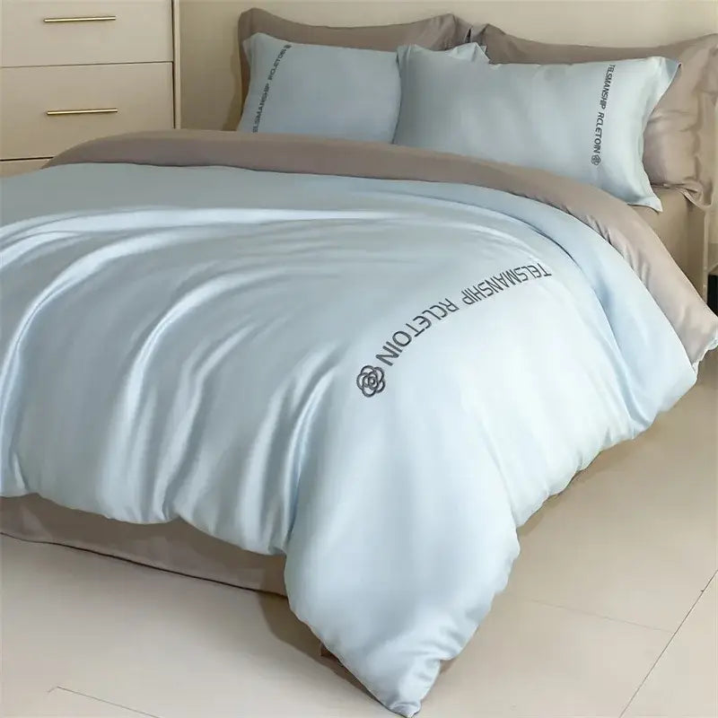 Light blue satin duvet cover with relationship factor embroidery in dark gray from decorbites cotton solid color bedding set