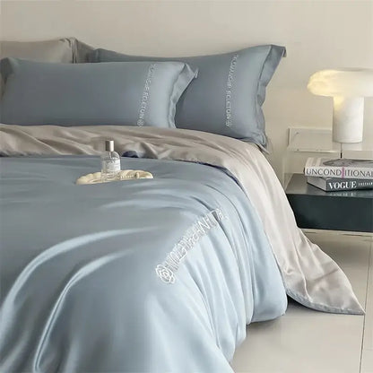 Light blue satin duvet cover with white embroidery and floral design in blue and gray cotton solid bedding set decorbites cotton solid