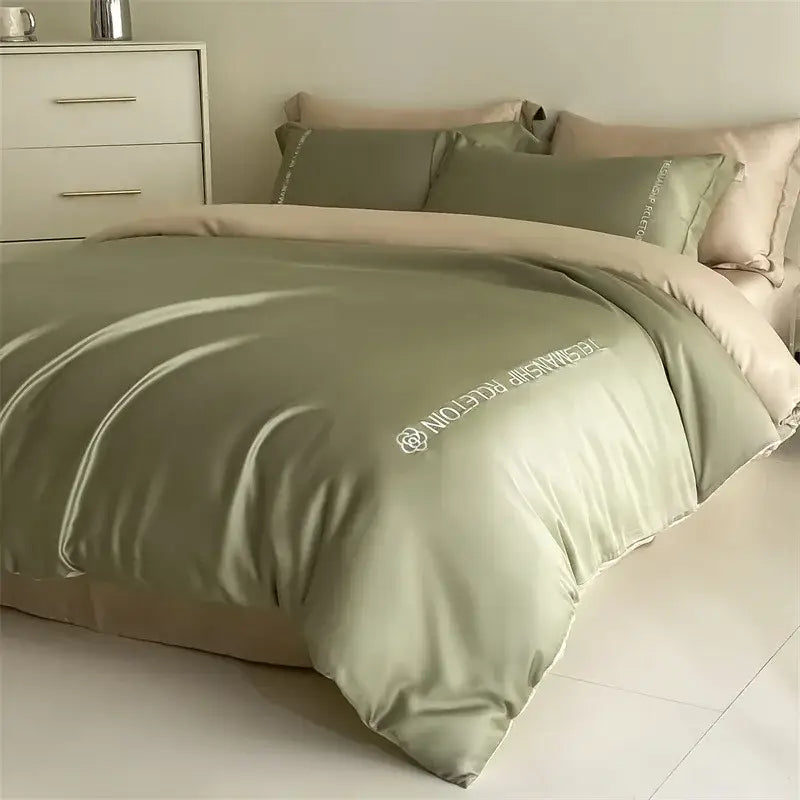 Silk-like sage green duvet cover with subtle white embroidery in blue gray cotton solid color bedding set decorbites cotton solid