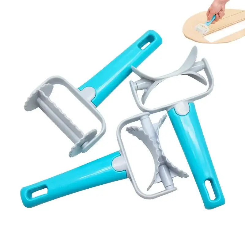 Set of three blue and gray plastic dough cutter and dumpling maker tools with ergonomic handles by Decorbites