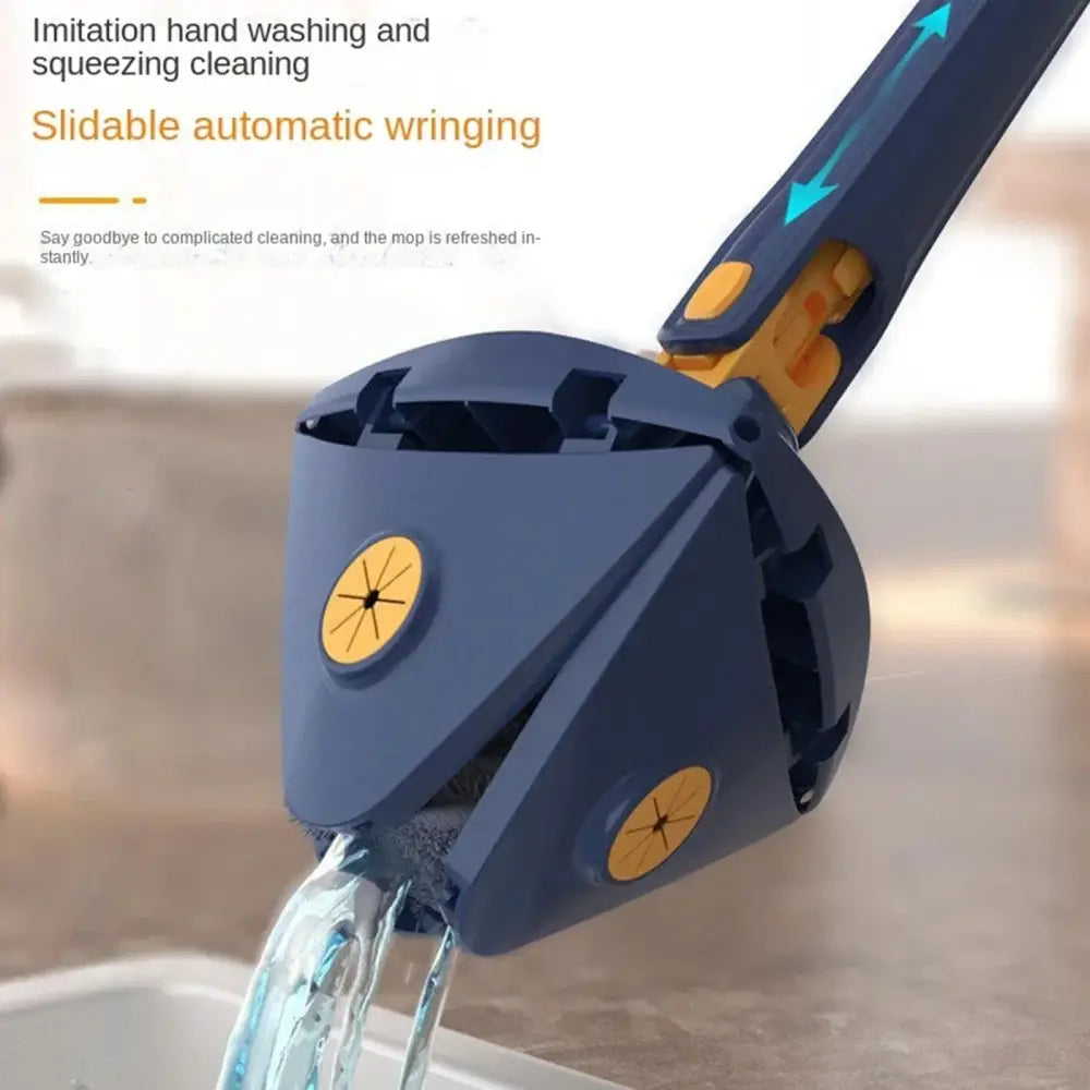Blue and gray rotating telescopic triangle floor mop with blue and yellow plastic automatic wringer for kitchen use