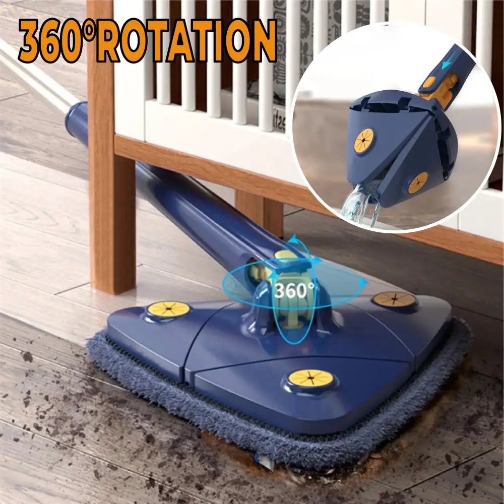 Blue and gray rotating telescopic triangle floor mop with microfiber pad and yellow circular accents for kitchen use