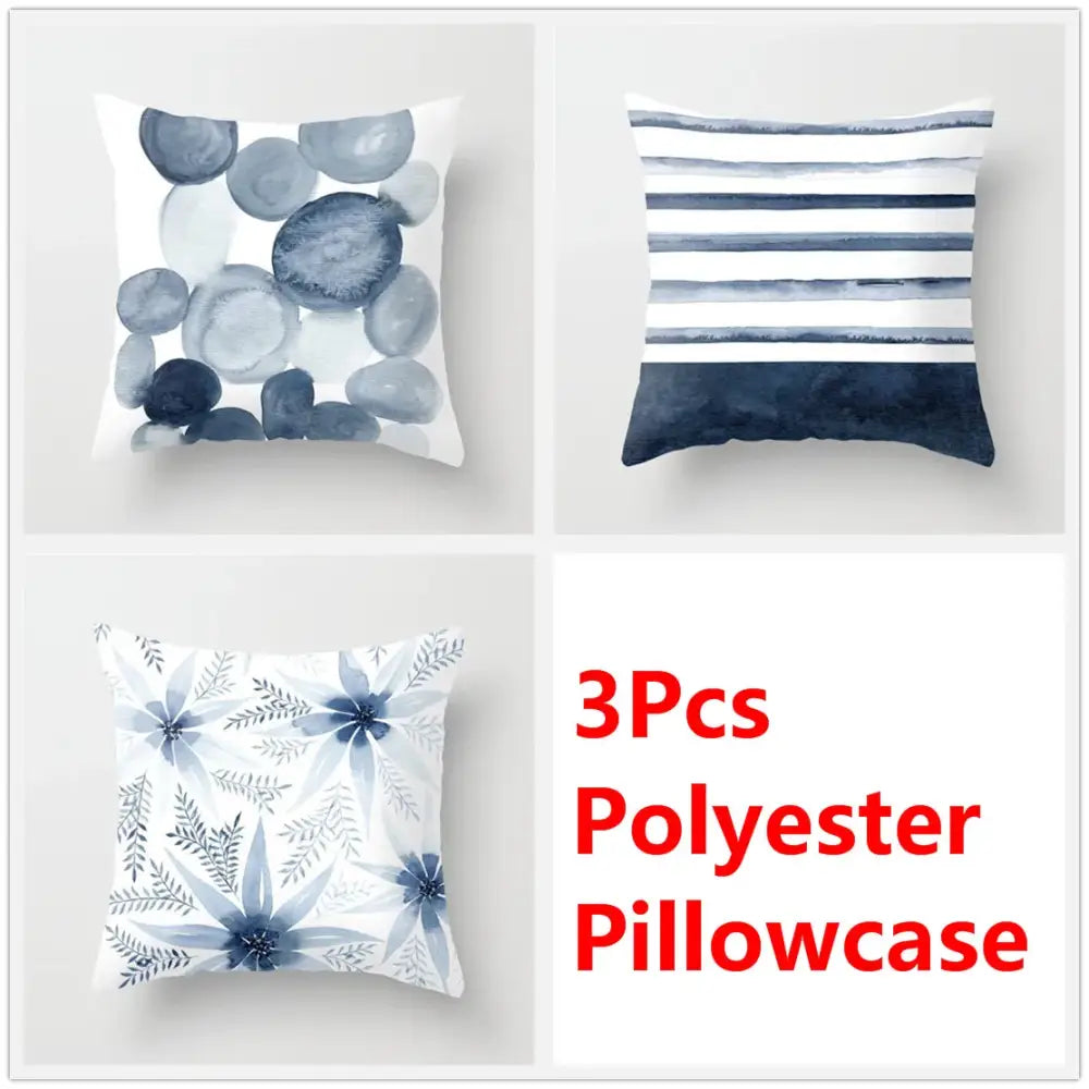 Set of three polyester blue ink flower cushion covers with abstract watercolor circles and bold navy stripes for living room decor