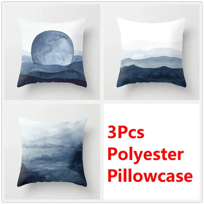Set of three polyester ink flower cushion pillowcases with blue ink flower watercolor mountain decorbites design