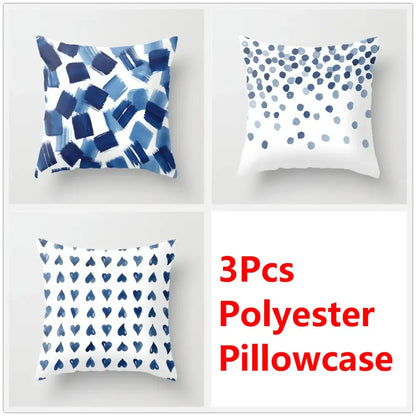 Set of three blue ink flower polyester pillowcases with abstract brushstroke dot and heart patterns for living room decorbites blue ink