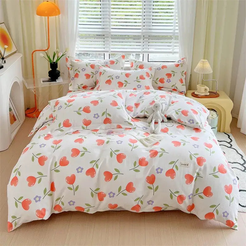 White duvet cover set with orange heart-shaped cherries and purple flowers in decorbites cotton stripe comforter cover