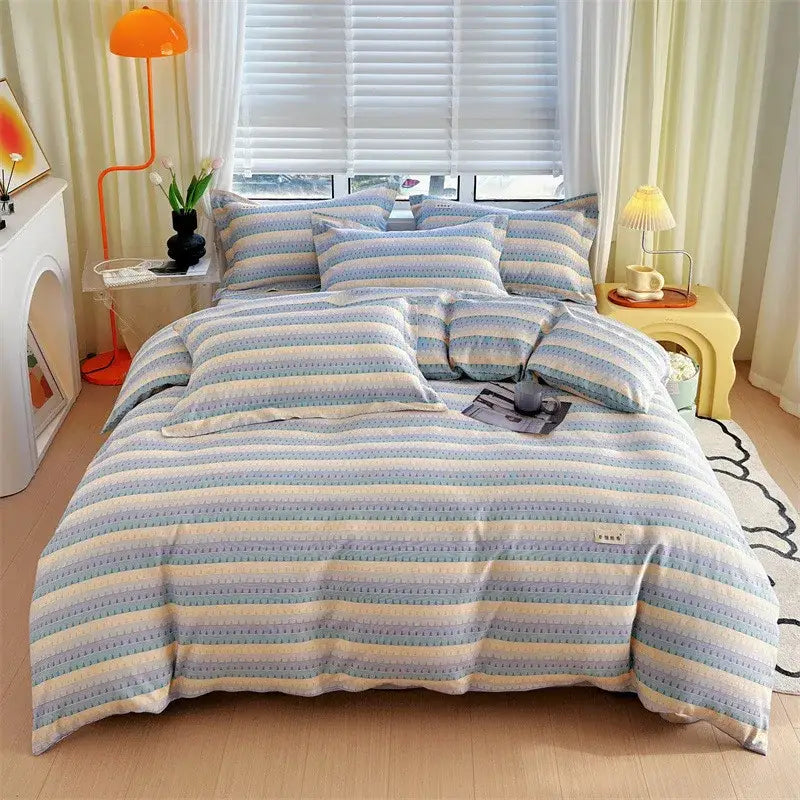 Pastel blue and cream striped cotton stripe comforter cover with subtle textured pattern for bedroom decorbites cotton stripe set