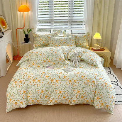 Blue lavender and cream decorbites cotton stripe comforter cover featuring a soft floral pattern in yellow and green cotton