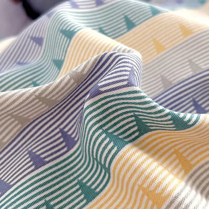 Blue lavender and cream cotton stripe comforter cover features soft wavy fabric with colorful triangle decorbites cotton stripe design