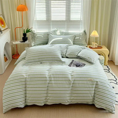 Blue lavender and cream decorbites cotton stripe comforter cover in soft green and white textured fabric finish