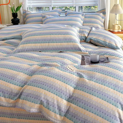 Blue lavender and cream pastel-striped cotton stripe comforter cover with soft wavy bands for bedroom decorbites cotton stripe set