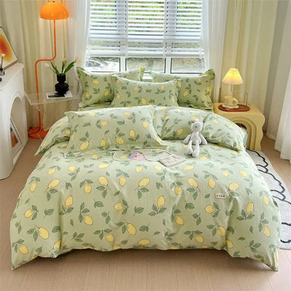 Lime green lemon-patterned bedding set with yellow lemons and green leaves on soft fabric for decorbites cotton stripe comforter cover