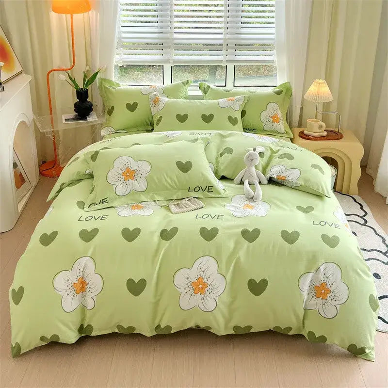 Blue lavender and cream decorbites cotton stripe comforter cover with lime green floral and heart pattern and love text