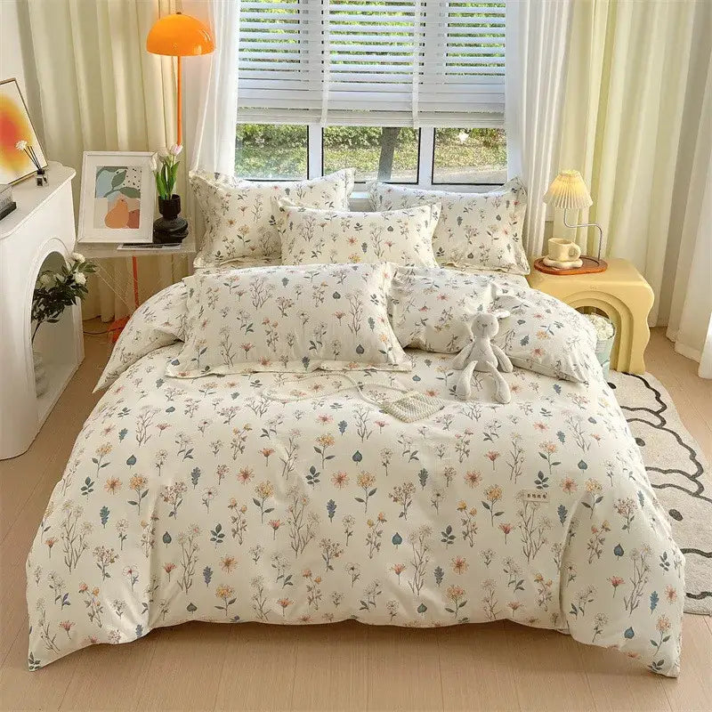 Blue lavender and cream cotton stripe comforter cover with soft cream floral pattern in muted pastel tones for bedroom decorbites cotton stripe