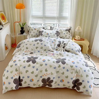 Blue lavender and cream cotton stripe comforter cover with white duvet set featuring gray flowers and green blue hearts for decorbites cotton stripe