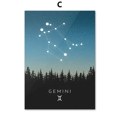 Blue leo cancer zodiac canvas art featuring gemini constellation with gradient blue sky and silhouetted trees decorbites leo cancer decor