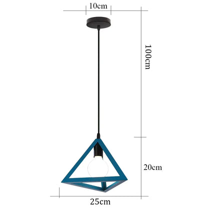 Blue nordic pendant light featuring a blue matte metal triangular shade with a brass fixture and black hanging cord for kitchens