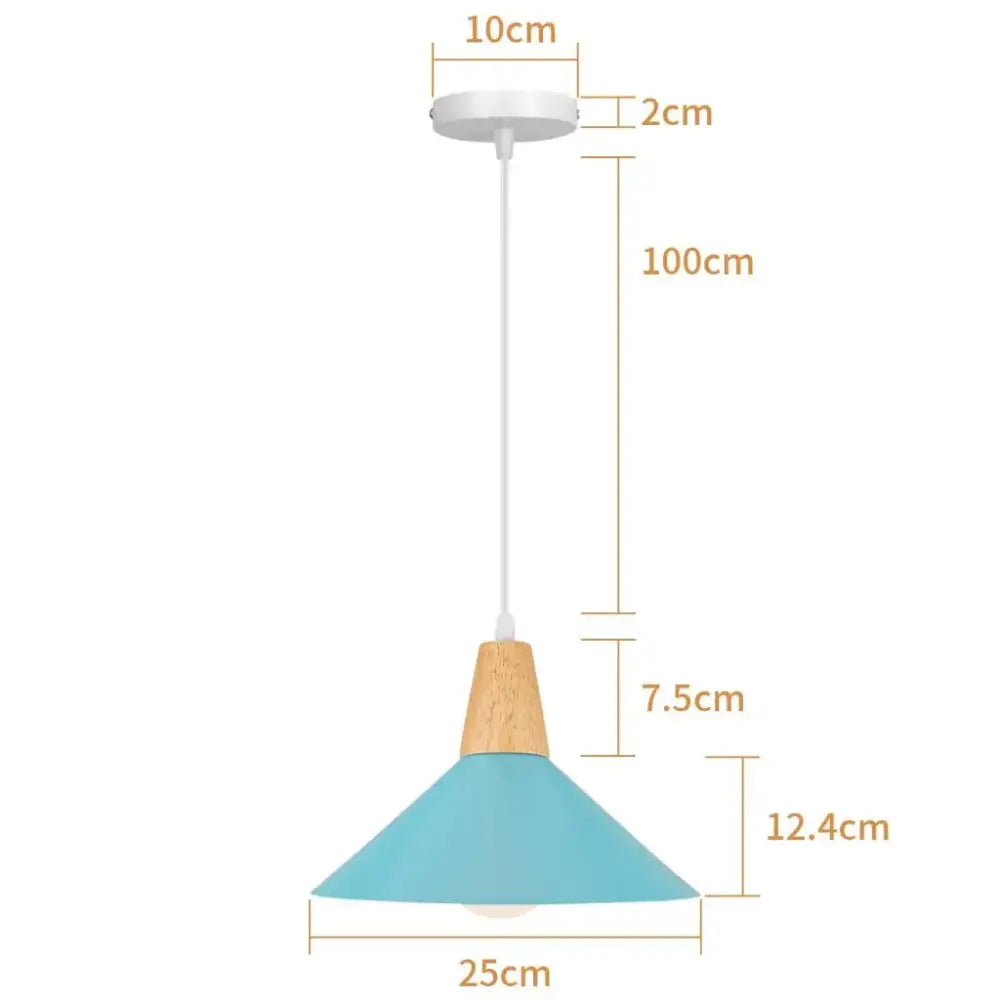 A blue matte metal pendant light with brass fixture featuring a turquoise shade and wood neck for kitchens decorbites blue nordic
