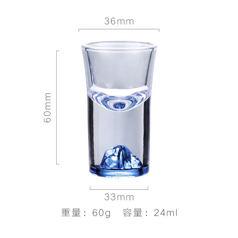 Clear glass decorbites blue sake glass with blue mountain ice design and swirling patterns for dining room use
